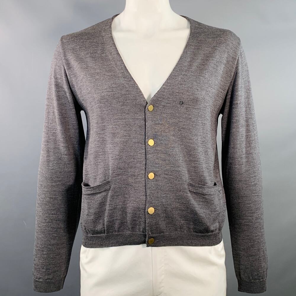 MIU MIU Size L Grey Wool Two Pockets Button Down Cardigan